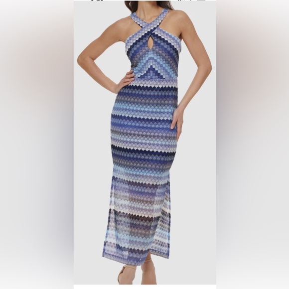 Guess Women's Blue Crochet Lace Halter Maxi Dress Size 6 - Picture 1 of 9